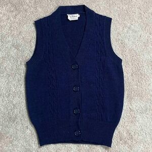 Women's Vintage Dark Blue Cable Knit Button Front Sweater Vest Grannycore Cabin